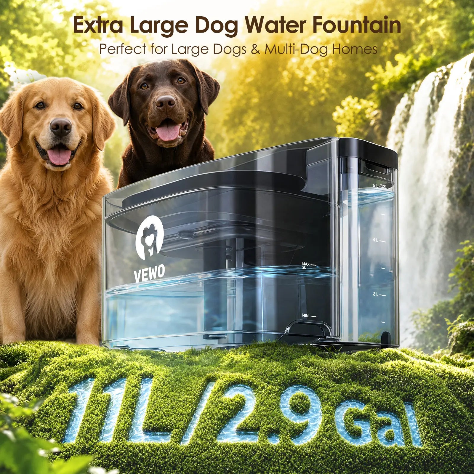 VEWO 11L No Spill Large Dog Water Fountain - Ultra Quiet, BPA Free Dispenser for Big Breeds & Multi-Pet Homes, 7 Days No Refill