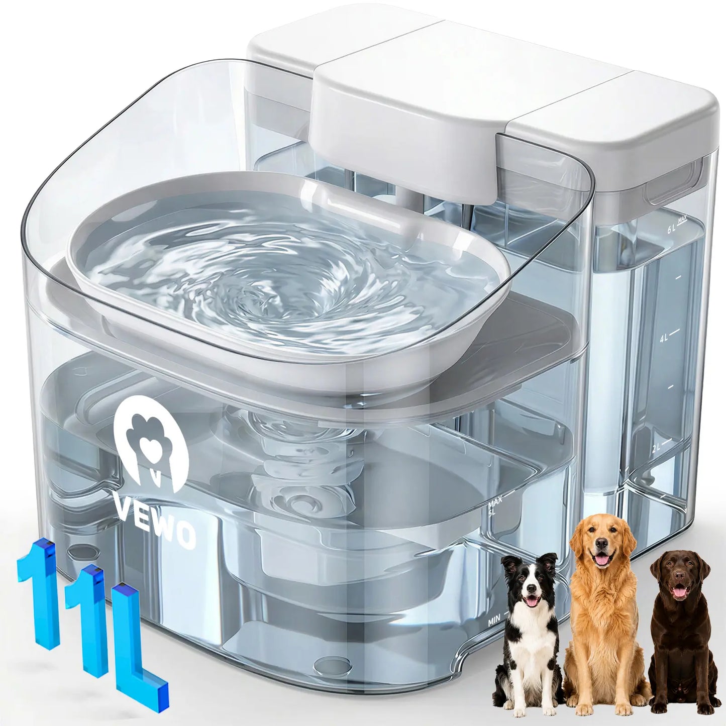 VEWO 11L No Spill Large Dog Water Fountain - Ultra Quiet, BPA Free Dispenser for Big Breeds & Multi-Pet Homes, 7 Days No Refill