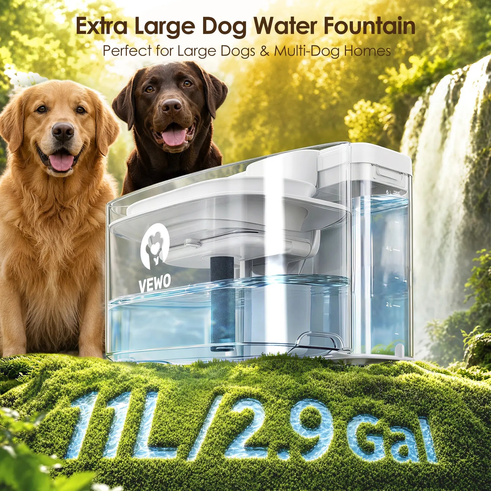 VEWO 11L No Spill Large Dog Water Fountain - Ultra Quiet, BPA Free Dispenser for Big Breeds & Multi-Pet Homes, 7 Days No Refill