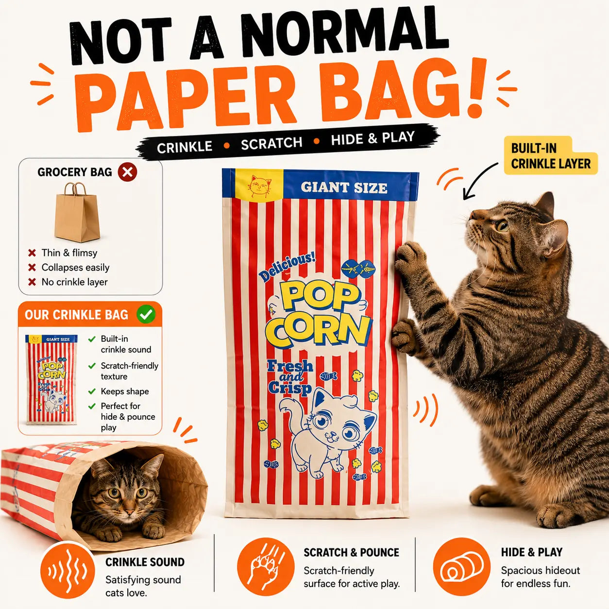 New Store Sale！Upgrade Cat Toy Cute Large Kraft Paper Double-Layer Crinkle Bag Cat Hideout (29.53*13.78Inch), Hide & Seek Play Tunnel Cat Bed Puzzle Relaxation, Cat Hideout Toy Cat Crinkle Toy for Indoor Kittens & Adult